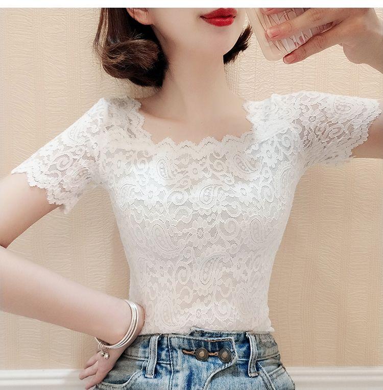 Product Introduction of Áo Sơ Mi Ren Bên Trong, Cổ Vuông, ngắn Tay Áo, Thiết Kế Đẹp, Lưới Mỏng Vừa Vặn, Áo Xương Đòn Lộ Ra, Áo Thun Bó Sát Thanh Lịch Cho Nữ 8