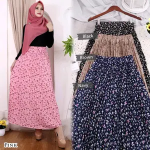 Rok Plisket Panjang Wanita Muslim Motif Bunga Kecil