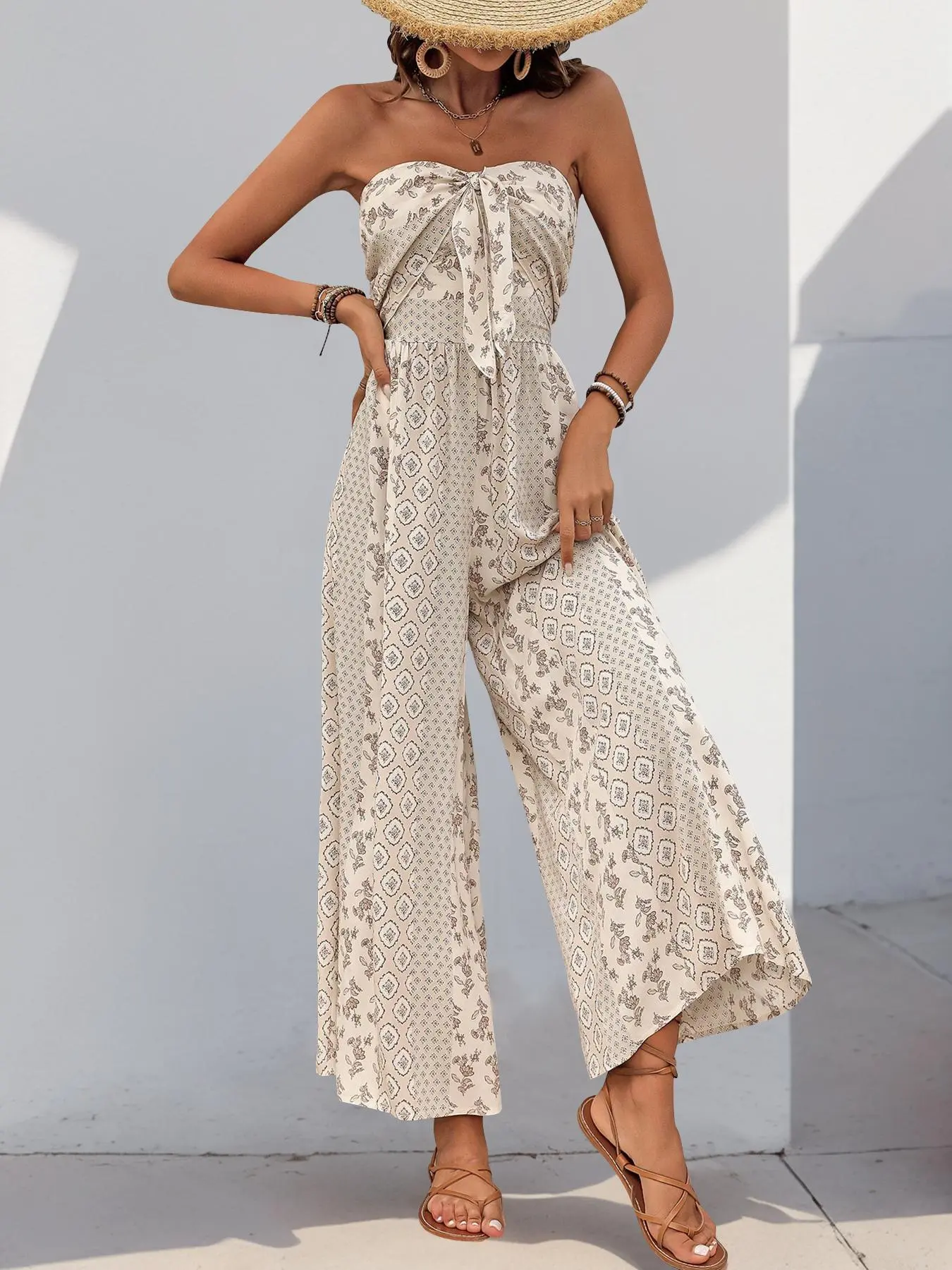 Women's All Over Floral Print Jumpsuit, Chic Casual Sleeveless Wide Leg Jumpsuit for Summer, Women's Clothes for Daily Wear