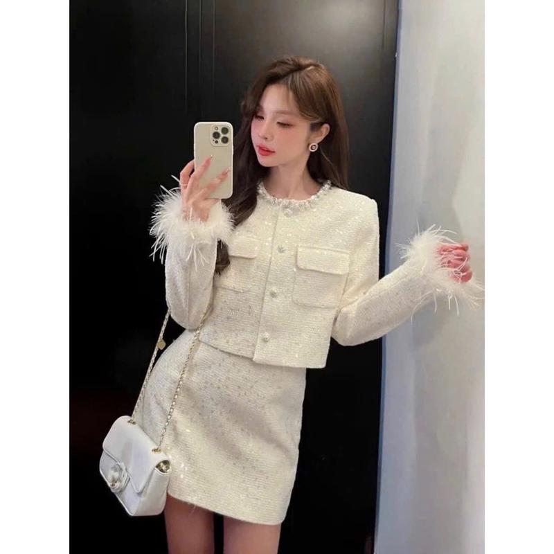 Set Dạ Kim Tuyến Cổ Viền Phối Tay Lông Kèm Chân Váy A Sang Chảnh, Set Dạ QC Diện Thu Đông Đi Tiệc, Đám Cưới, Diện Lễ Tết Top Women