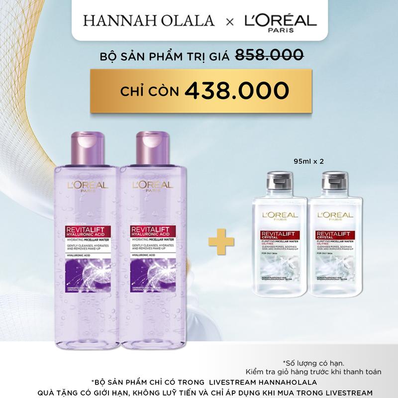 LOREAL x Hannah - Bộ Nước tẩy trang siêu cấp ẩm & giảm nếp nhăn L'Oréal Paris Pure Revitalift Hyaluronic Acid 1.5% 400mlx02