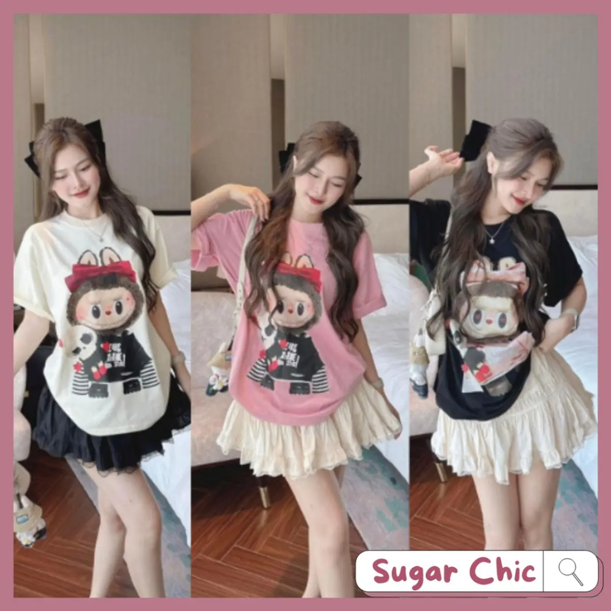 Set váy labubu siêu hot, set áo labubu tăm ép nhiệt tay ngắn kèm chân váy xòe phối ren