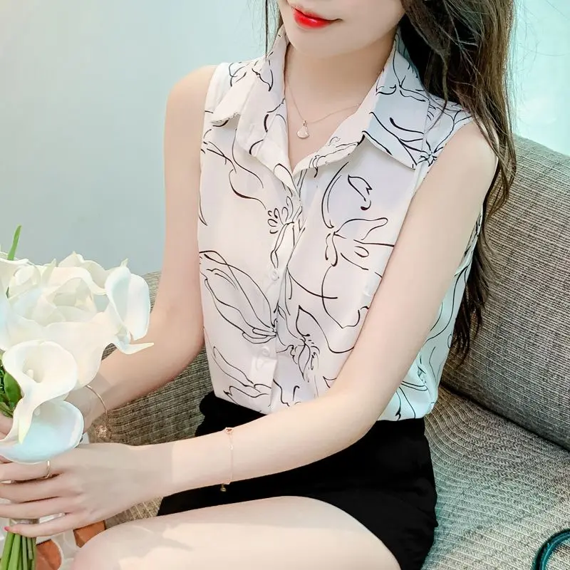 Áo Sơ Mi Hoa Cho Nữ, Thiết Kế Mới 2024, Phong Cách Mùa Hè, Vẻ Ngoài Thanh Lịch, Áo Không Tay Vải Voan, Độc Đáo Và Giấu Bụng 4