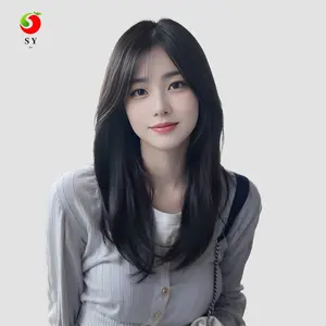Wig belahan tengah untuk wanita dengan gaya ikat kepala penuh, rambut lurus panjang dengan poni, set wig rambut panjang belahan sedang baru