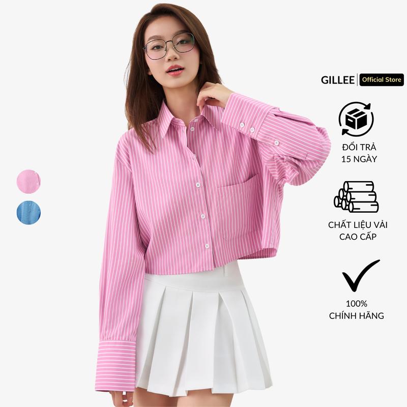 Áo Sơ Mi Croptop Sọc Nữ Tay Dài GILLEE Form Rộng Có Túi Chất Kate Lụa FAS355 Women