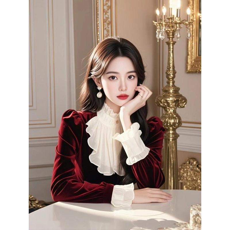 Áo Nhung Đỏ Encore, Thiết Kế Đẹp, Dành Cho Nữ, Phong Cách Lười Biếng, Cao Cấp, Có Áo Dài Tay, Thích Hợp Cho Mùa Thu, Năm Phát Hành: 2024 4