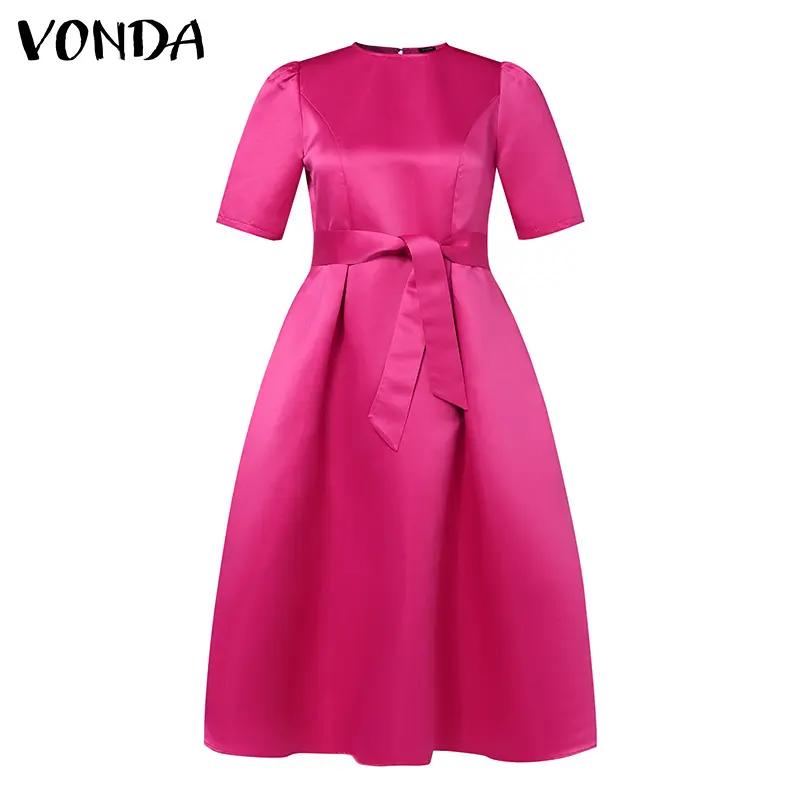 VONDA Women's Evening Party Short Sleeve Belted Midi Dress Elegant Satin  Loose Solid Color A-Line Sundress (Plus Size) - TikTok Shop Philippines