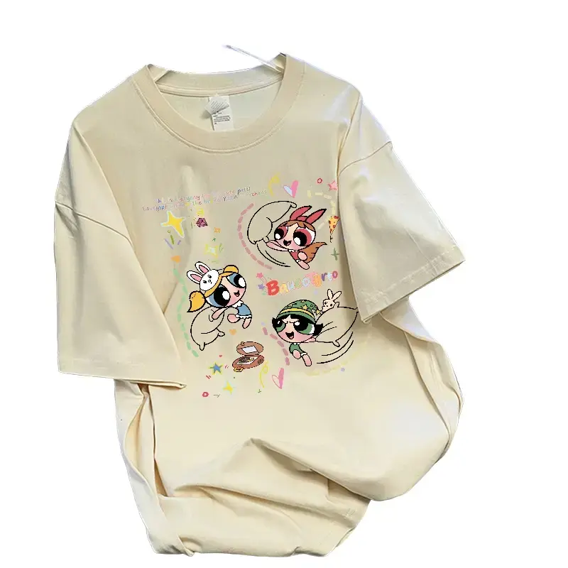 Kemeja-T Leher Krew, Cetakan Powerpuff Girls, untuk Wanita, Gaya Korea, Kasual dan Longgar, Baju Atasan Lengan Pendek, 11.26, Rumah PP