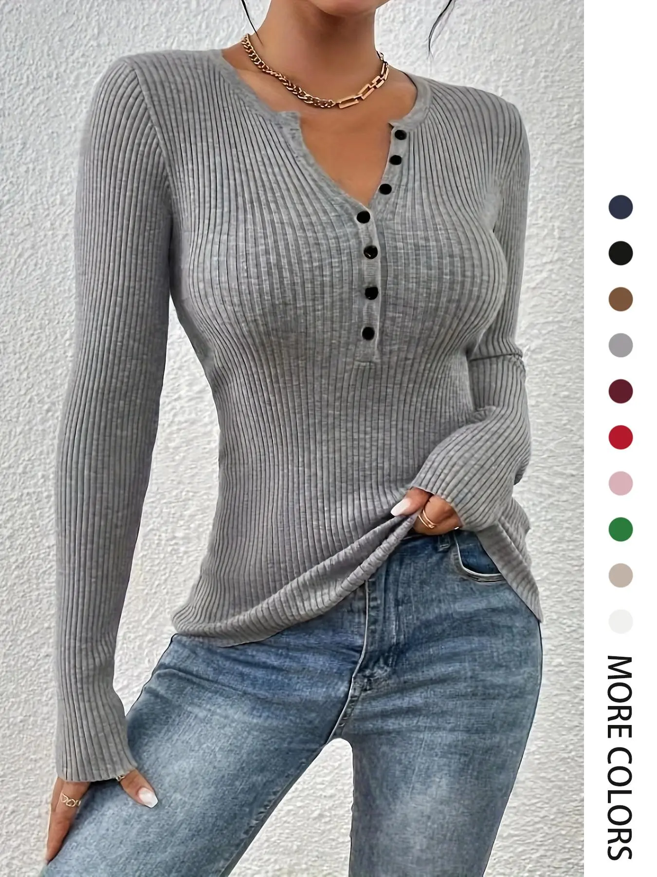 Women's Plain Button Front Ribbed Sweater Tops, 2025 Elegant Chic Slim Fit Long Sleeve Round Neck Jumper Tops for Spring, Fashion Ladies' Knitwear for Daily Wear, Slim Fit Sweater for Women, Sweaters for Women, Womenswear