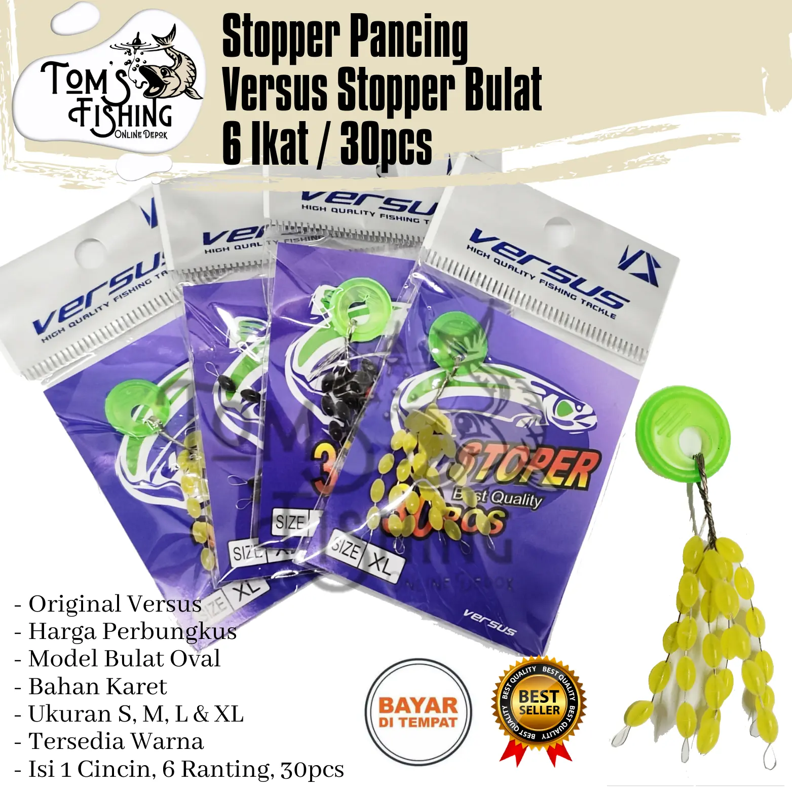 Stopper Pancing Versus Bulat 30 pcs Hitam / Kuning Perbungkus ( S,M,L & XL) Murah - Toms Fishing