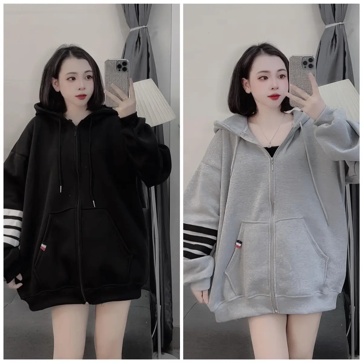 Áo khoác nỉ form rộng tay bồng mũ hai lớp - khoác bốn sọc tay..