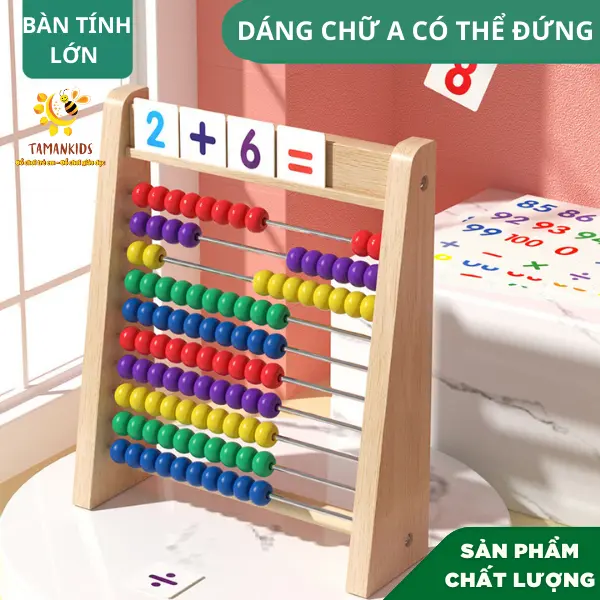 Đồ Chơi gỗ Thông Minh, Bàn Tính Học Toán Bằng Hạt Gỗ có 100 Hạt Kèm Thẻ Học Thú Vị, tặng kèm que tính Toy