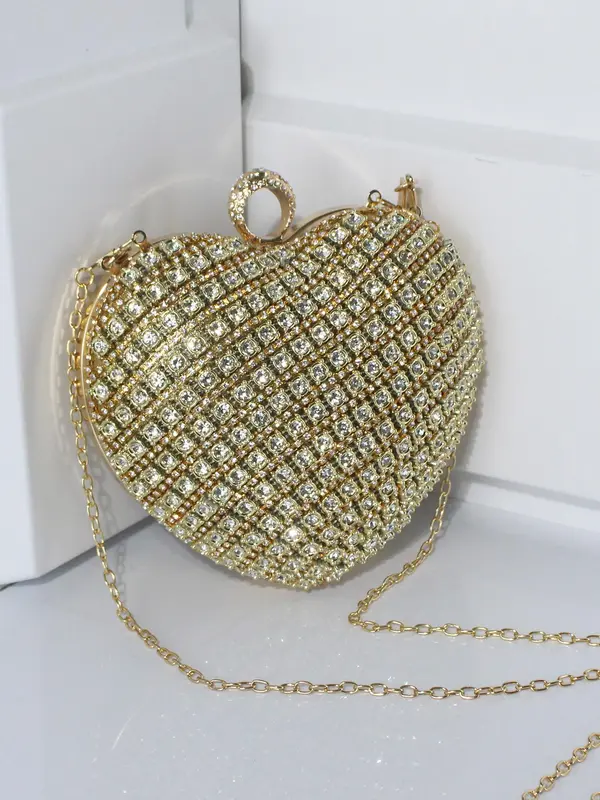 Women's Elegant Rhinestone Decorated Heart Shaped Evening Bag, Exquisite Chain Strap Crossbody Bag, Trendy Versatile Shoulder Bag for Party Decoration 3