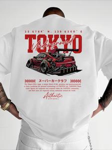 メンズ レギュラーフィット 車と文字プリントのラウンドネックTシャツ、ストリートファッション カジュアル 半袖Tシャツ（日常使いに最適）、オールシーズン対応のメンズトップス、トロピカルスタイル