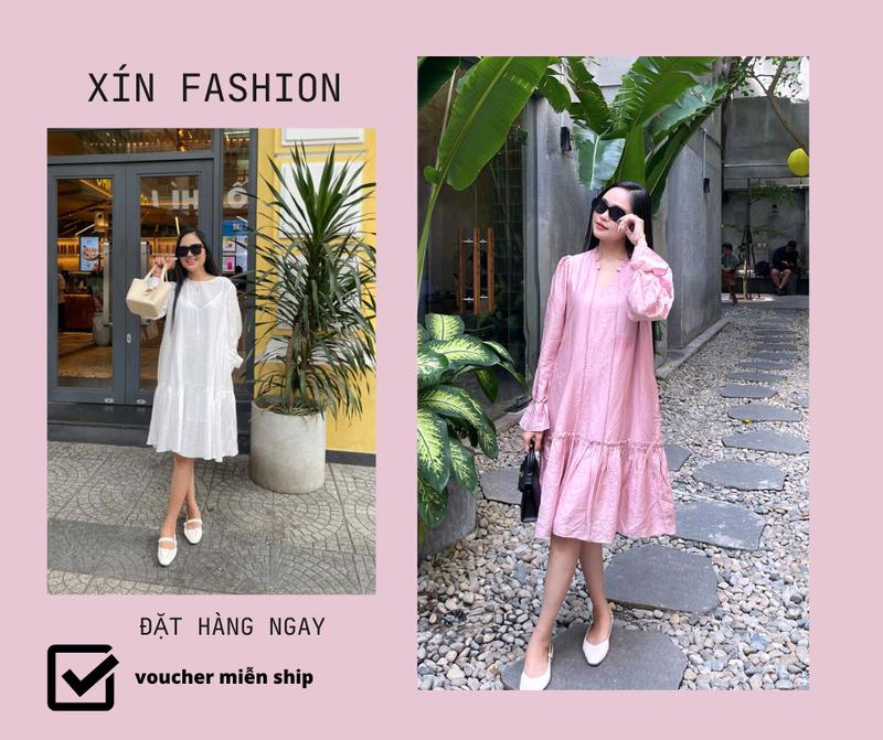 Đầm Baby Doll Tay Dài Vải Tơ xinh xắn Nữ Dress Women Màu Trắng vintage dress váy babydoll thông thường túi váy thường mặc váy trang xinh đầm suông form rộng