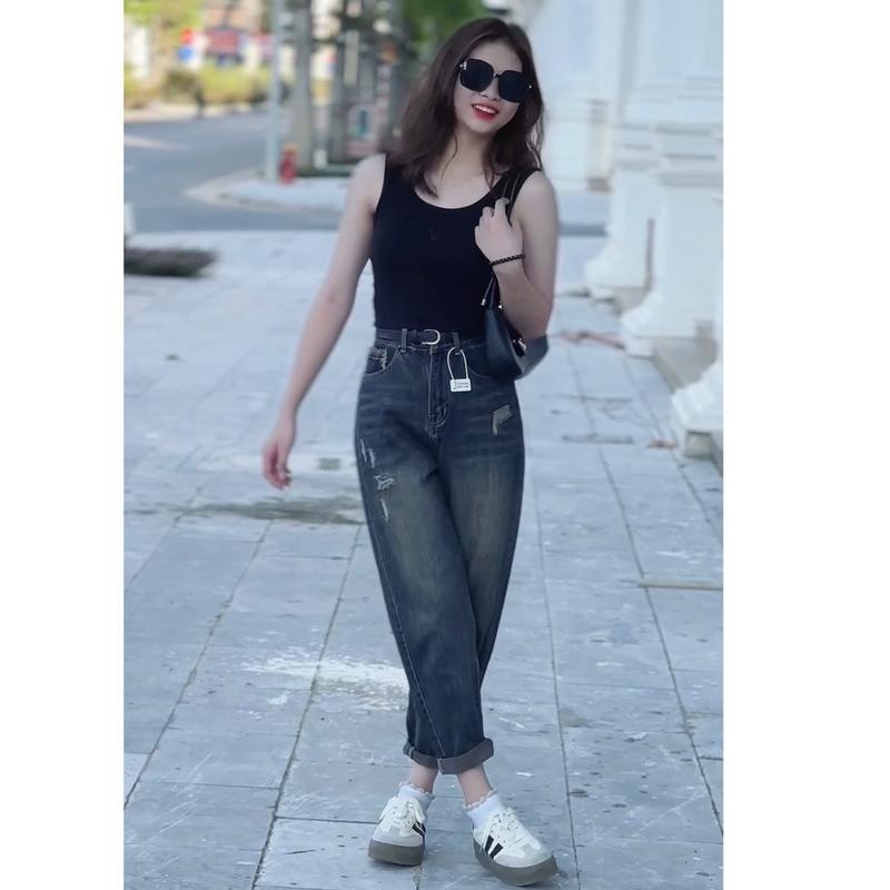 BG025 LIVE Quần baggy jeans dáng thụng không dãn, quần baggy cạp cao túi tạo kiểu sau Nữ Women Kem Pants