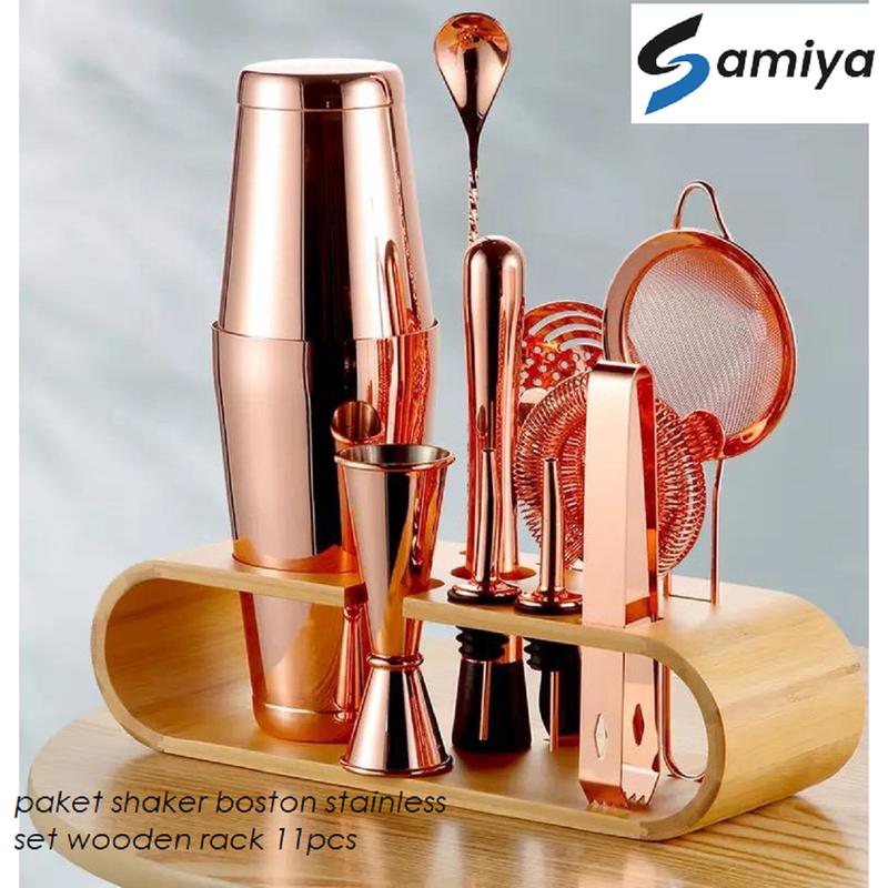 shaker boston stainless set wooden rack 11 pcs /paket shaker cocktail ...