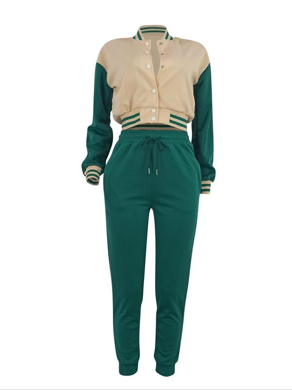 Women's Colorblock Print Short Jacket & Drawstring Waist Sweatpants Two-piece Set, Two Piece Set Women, Casual Long Sleeve Mock Neck Outerwear & Pocket Pants for Daily Wear, Ladies Fall & Winter Clothes, Co-ord Sets 2