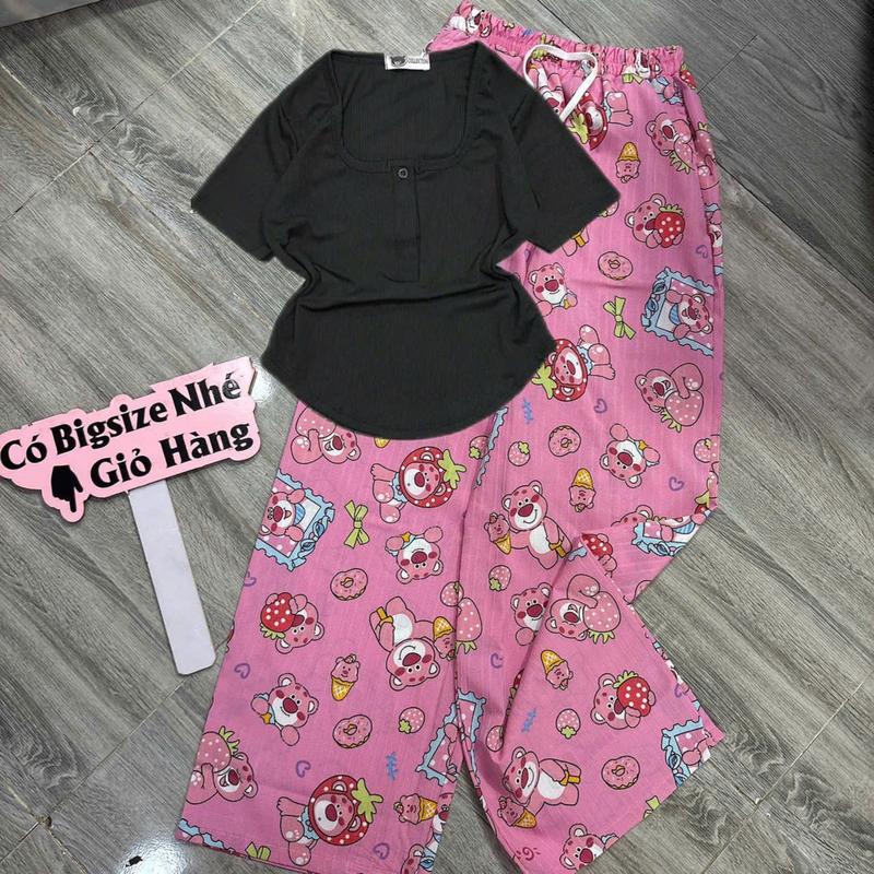 80.B32 Set bộ áo cổ tròn bầu có nút tay ngắn quần suông in hoạt hình labu quần chất đũi Kem Nữ Women Voi Top 6
