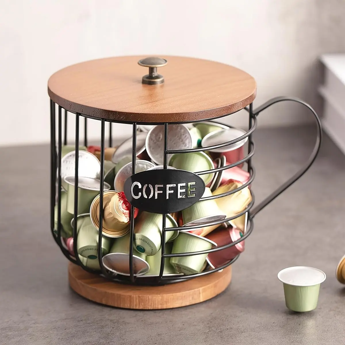 Coffee Capsule Holder with Wooden Base, Large Capacity Coffee Capsule Storage Rack, Coffee Pod Holder, Home Organizer for Kitchen, Bar, Restaurant