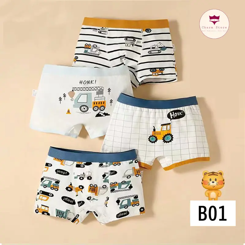 Set 4 quần lót đùi chip đùi bé trai 7-33kg (2-10 tuổi) cotton cao cấp co dãn thoải mái mềm mịn, nhiều hình dễ thương, quần sịp bé trai cao cấp 1