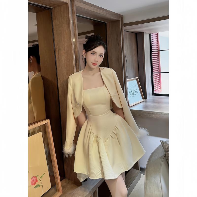  BIGSIZE HIẾU HIẾU  55-95KG  - Set váy cúp kèm áo khoác tay dài phối lông thanh lịch Dress 