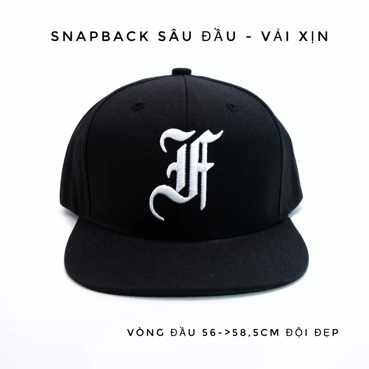 [Freesize: 56.5->59cm] Nón snapback vành thẳng logo chữ F cách điệu thêu nổi quai cài nút chất lượng cao