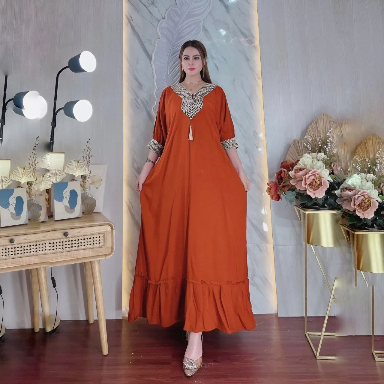 DRESS MEWAH GAMIS ARAB TURKI RENDA JUMBO LENGAN 3/4 KAIN RAYON
