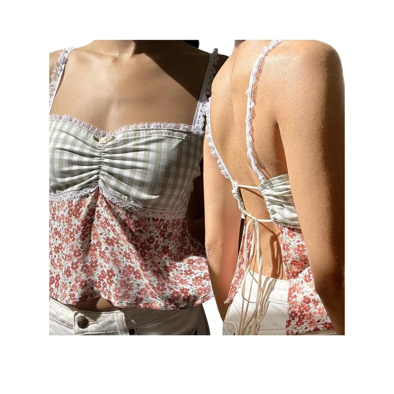coat, Women Plaid Floral Print Camisoles Lace Trim Sleeveless Sling Tank Tops Summer Slim Fit Vests Crop Tops Streetwear 1