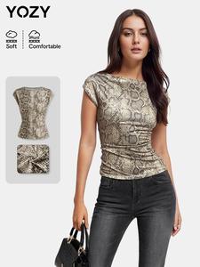 YOZY Women's Snakeskin Print Ruched Boat Neck Tee, Fashion Casual Short Sleeve T-shirt for Daily Holiday Vacation Outdoor Wear, Ladies Clothes for Summer