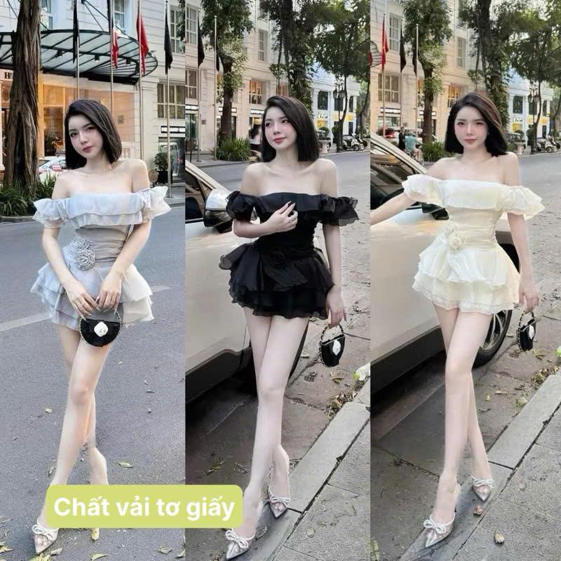  SM - Đầm trễ vai đính hoa tầng tiểu thư sang chảnh kèm quần quần bảo hộ - chất tơ giấy BB1 Váy boby  váy body nữ tôn dáng  váy xinh  váy đi tiệc  váy đi biển váy trễ vai 