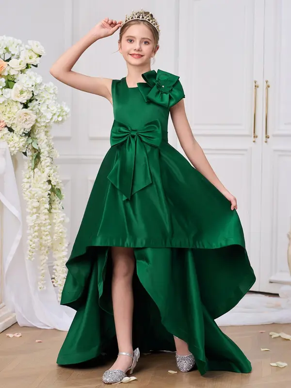 Girl's Floral Decor Mesh Bow Gown Dress, Elegant Formal Party Dress for School Performances & Evening Parties, Kids Clothes for Summer 1