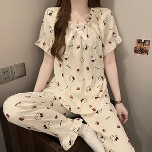 Set Piyama Musim Panas, untuk Wanita, Lengan Pendek, Diperbuat daripada Fabrik Kapas Awan, Gaya Puteri, dengan Lengan Gebu dan Aksen Ikatan bentuk rama-rama, Selesa untuk Dipakai di Rumah untuk Tidur dan Bersantai.