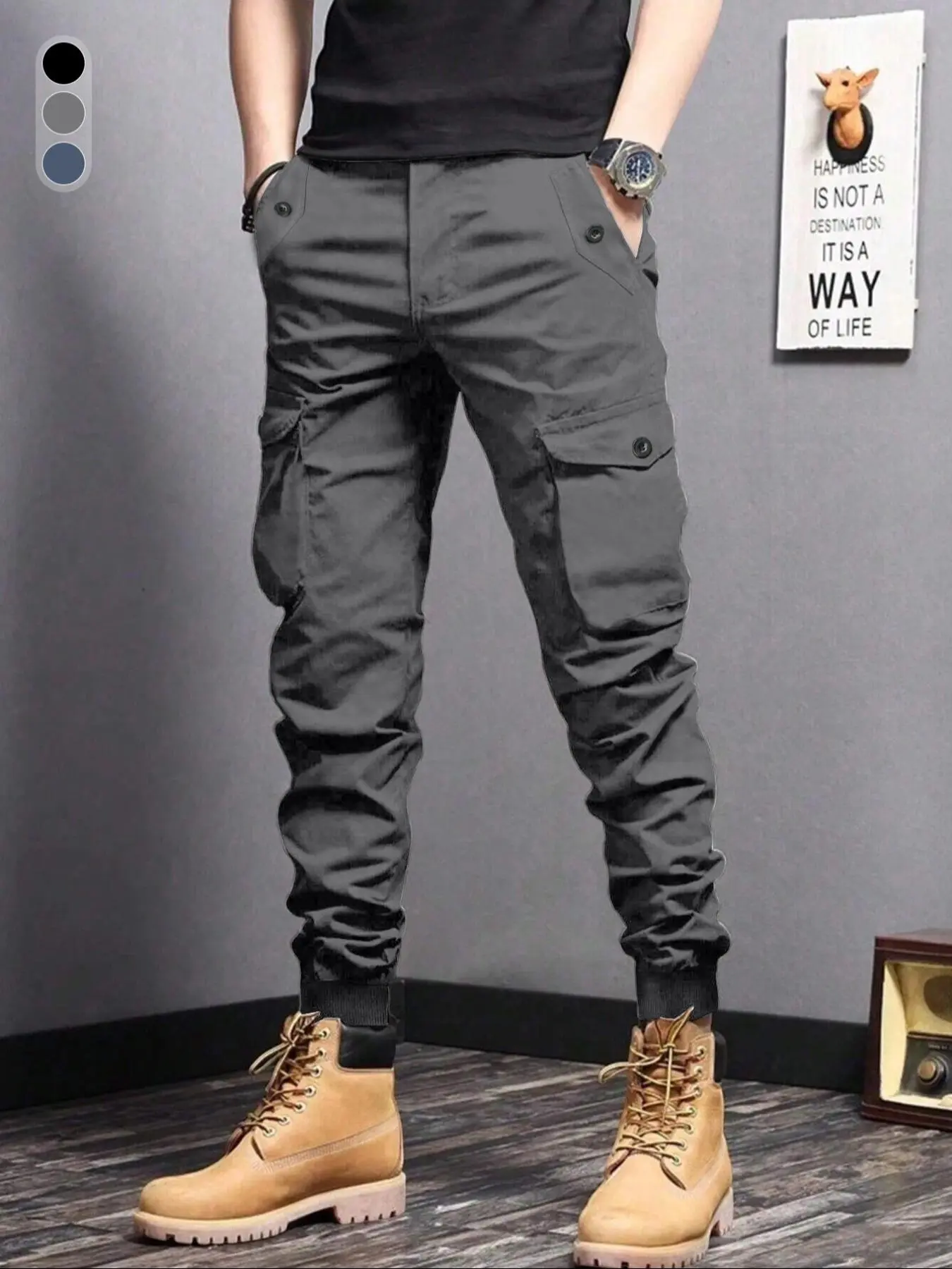 Men's Solid Color Button Pocket Drawstring Cargo Pants, Regular Fit Casual Comfy Elastic Waist Trousers for Daily Wear, Men's Bottoms for All Seasons