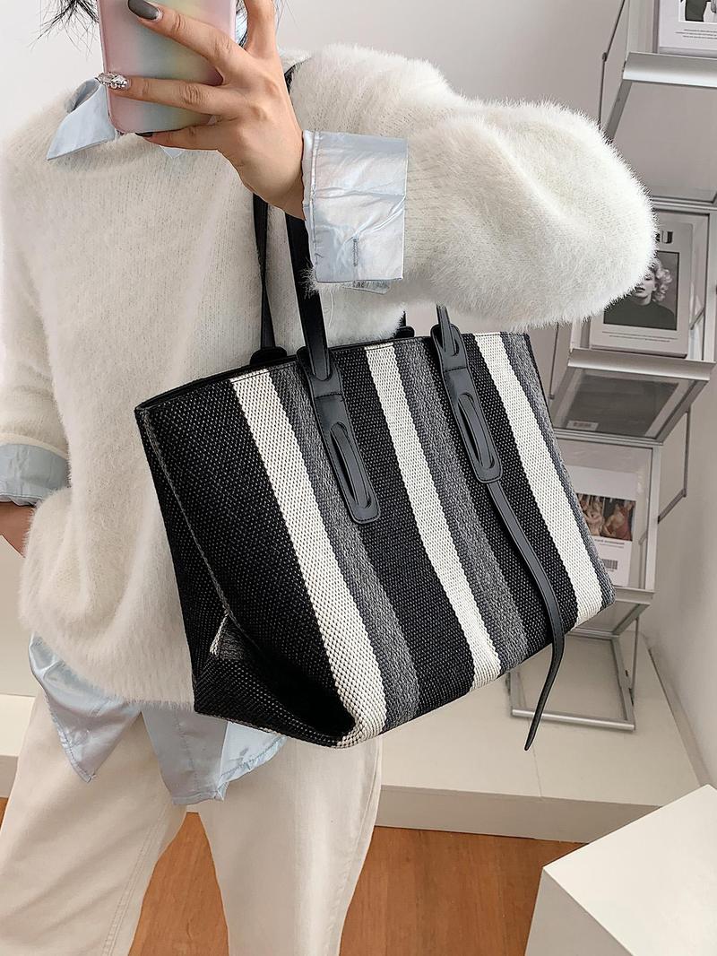 Product Introduction of Women's Fashionable Striped Pattern Tote Bag, Casual Large Capacity Shoulder Bag for Work & School, Durable Multi-functional Daily Commuting Bag 4