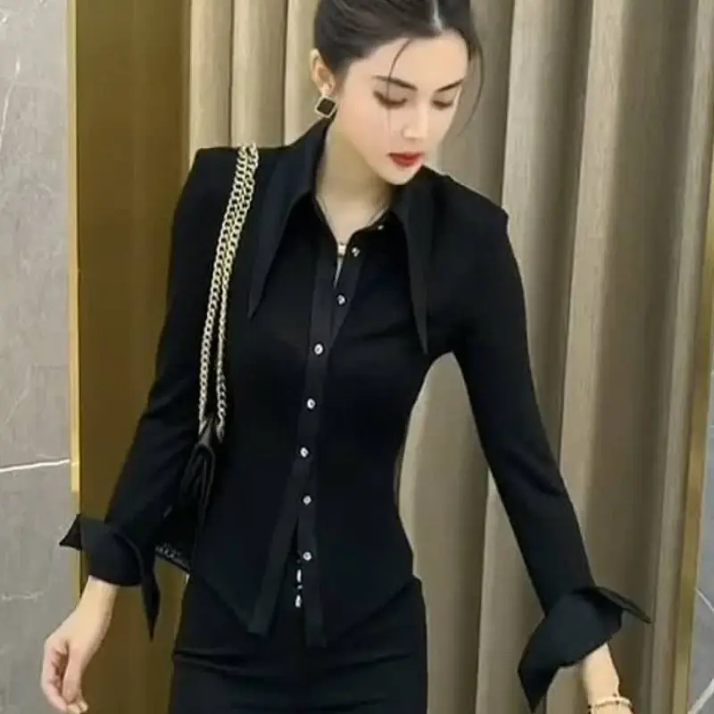Áo Sơ Mi Xanh Lá Cây, Dành Cho Nữ, Áo Cánh Dài Tay, Mỏng Vừa Vặn, Phong Cách Hàn Quốc, Thời Trang Mới, Thích Hợp Mặc Công Sở, Áo, 2024 2