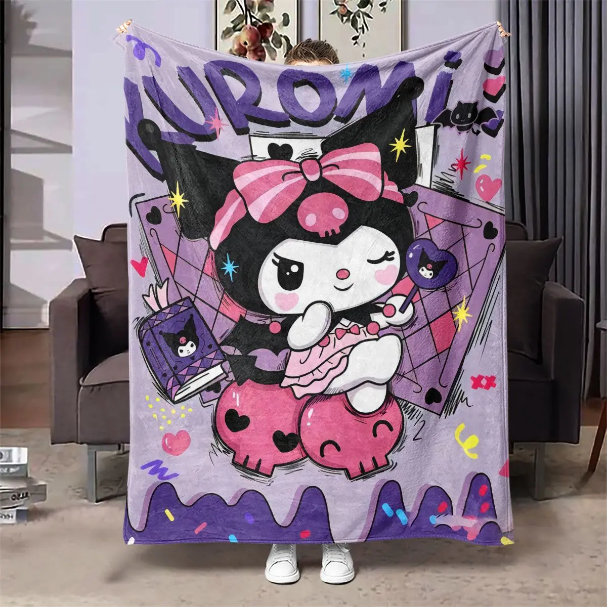 Sanrio Kuromi Print Blanket Kawaii Kuromi Home Textile Flannel Soft and Comfortable Warm Travel Blanket Children and Girls Gift