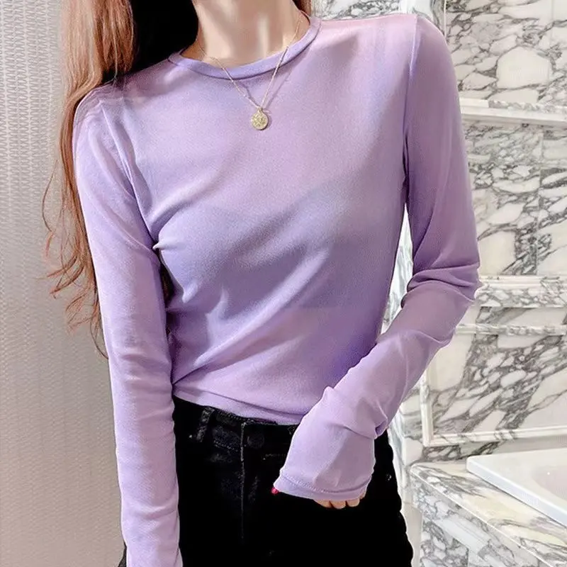 Layered Inner Layering Shirt for Women in Spring and Summer Thin Ice Silk Round Neck Solid Color Mesh Sunscreen T-shirt Transparent Top Tulle