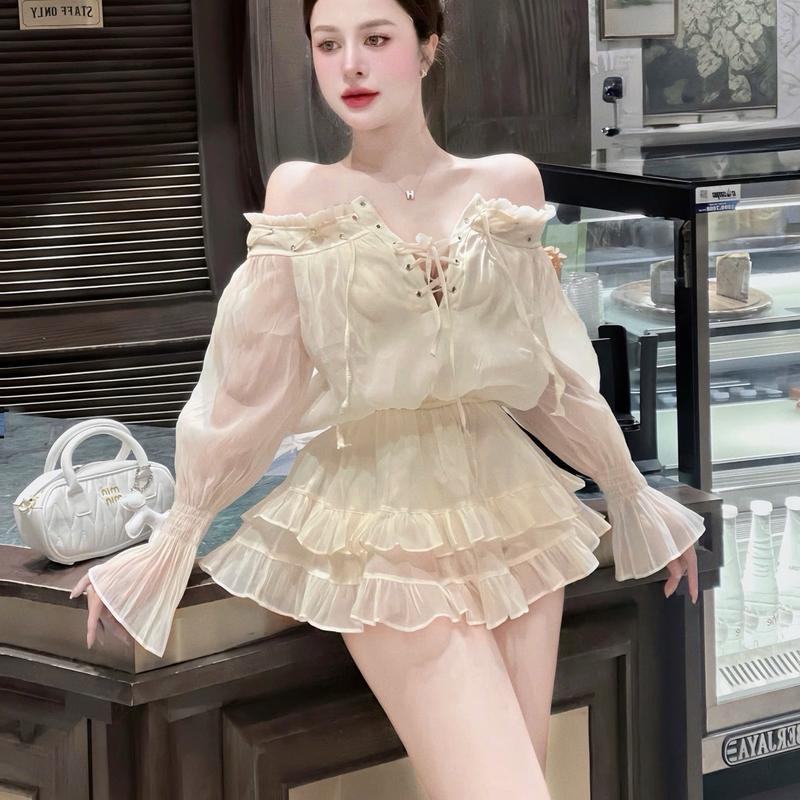 [4 Màu] Đầm Trễ Vai Tay Phồng Phối Dây Đan 4 Màu Siêu Hot Nữ Women Dress (Hình thật)