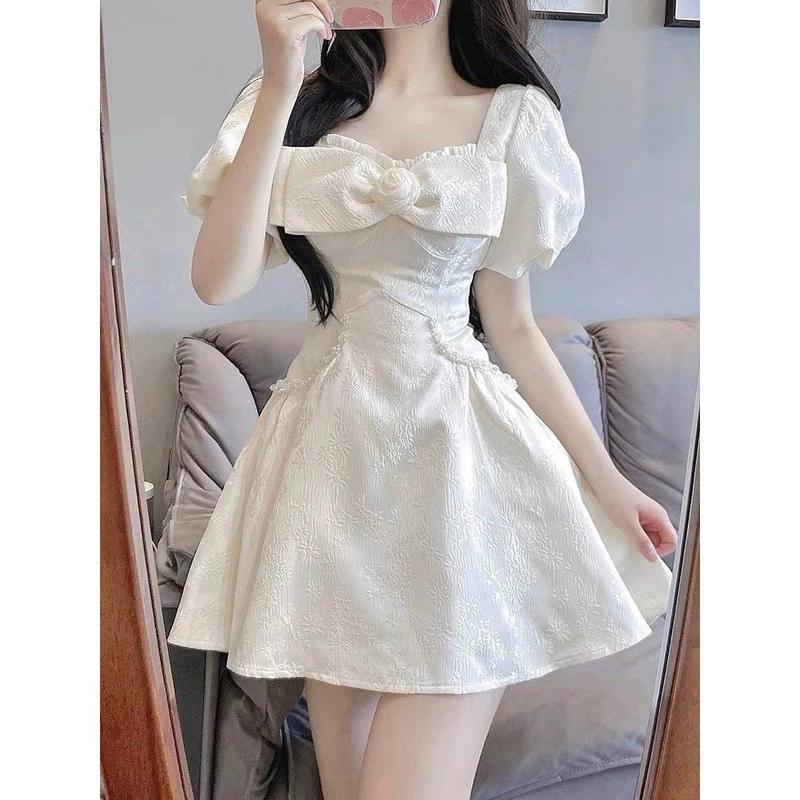 Nữ  Dress Váy Trắng, Miss Qianjin, Phong Cách Pháp, Tay Phồng Mỏng, Vải Jacquard, Cổ Vuông, Có Nơ, Váy Bong Bóng Công Chúa Women Lệch Vai 2