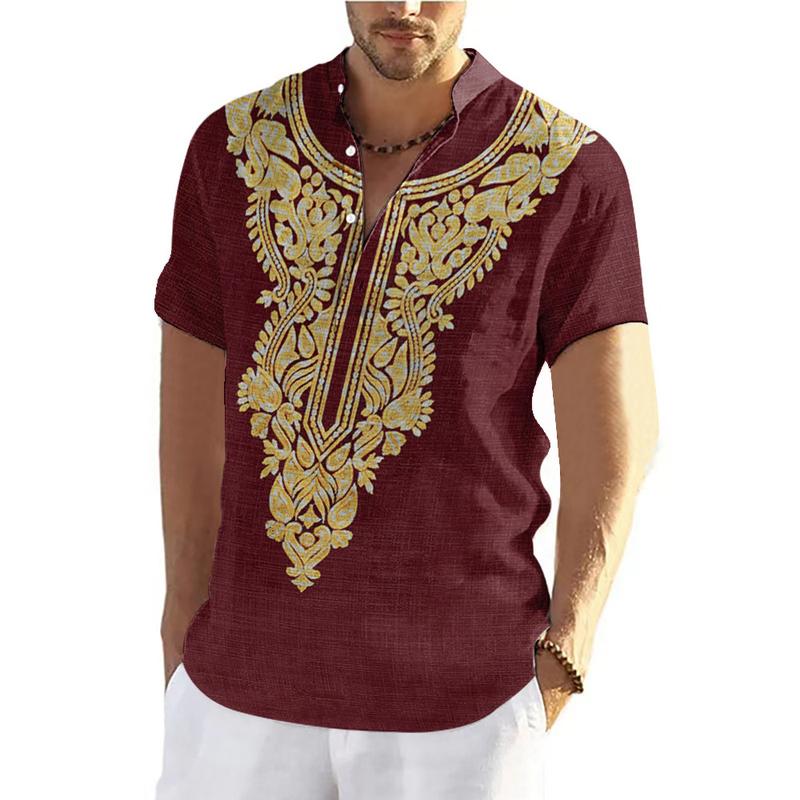 Product Introduction of 2025 New Year Ethnic Style Barong Shirt Men's Stand Collar Short Sleeve Top 3D Bohemian Traditional Retro Ethnic Clothes Outdoor Loose Breathable Quick-Drying Large Size Men's Clot 33