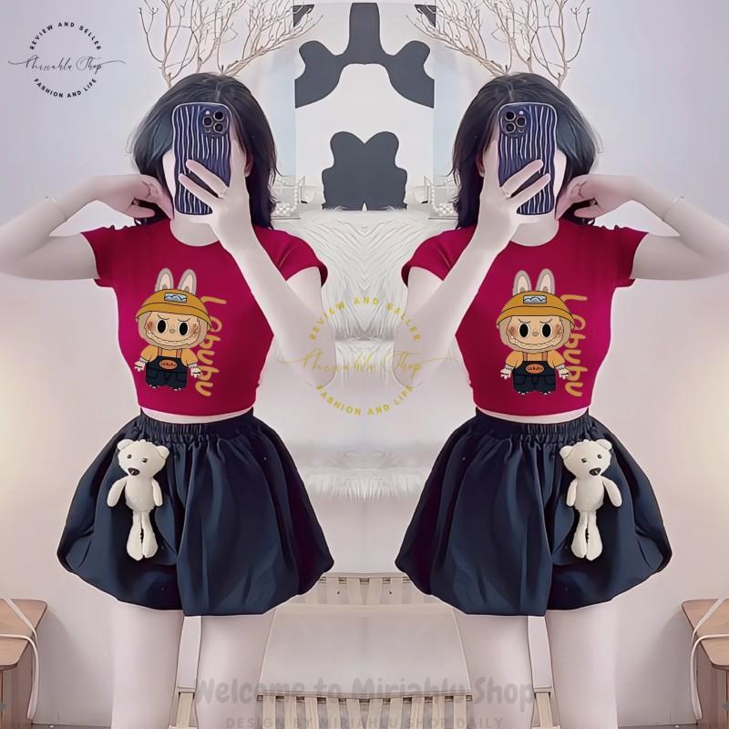 Product Introduction of Áo Thun Nữ Croptop Borip Basic Ôm Body In Hình Labubu Cam Nón, MLS237, Nữ Women Top Voi Dáng Ngắn Cổ Tròn Sọc Sò 37