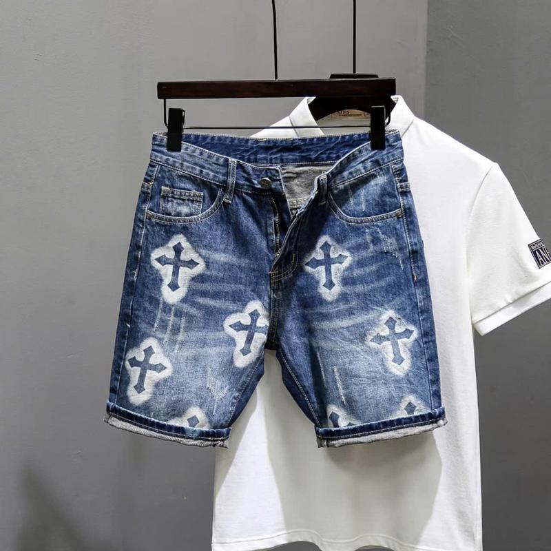 Quần short jean nam tạo kiểu mài xước, in chữ thập phong cách trẻ trung boy phố - Pants, Menswear