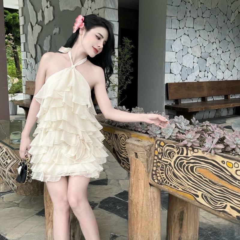 Váy thiết kế - Váy tơ cổ buộc bèo tầng xếp xinh sang full màu hồng xanh kem đen 1253 Nữ Women Nữ Women Nhung Dress 8