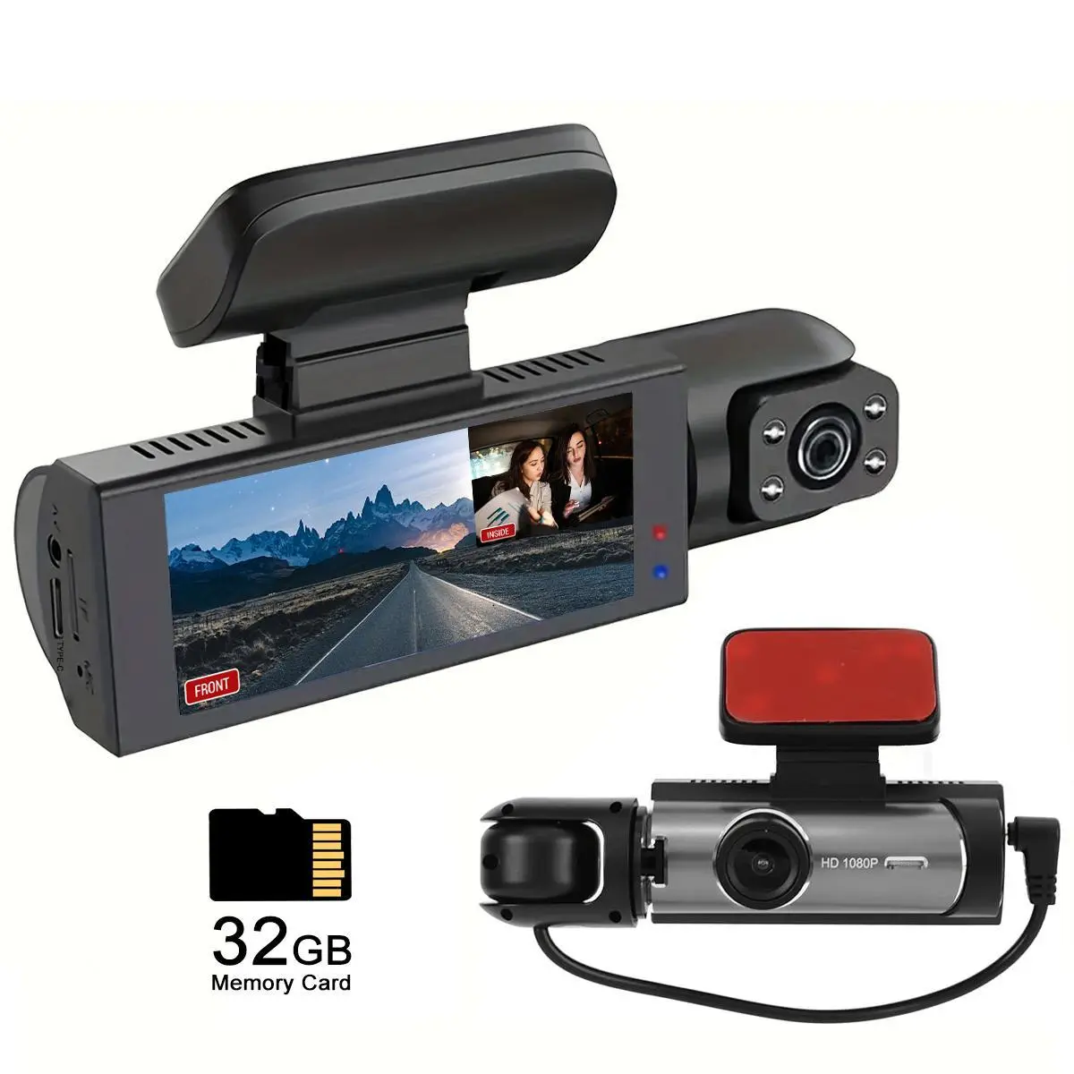 Front & Inside Car Camera, 1 Count Dash Camera for Car, Car Dashcam with 32GB Memory Card, Wide Angle Car Driving Recorder with IR Night-Visionr, 3.16 Inch lPS Screen 1080P HD Camera with Dual Lens, Dash Camera For Car