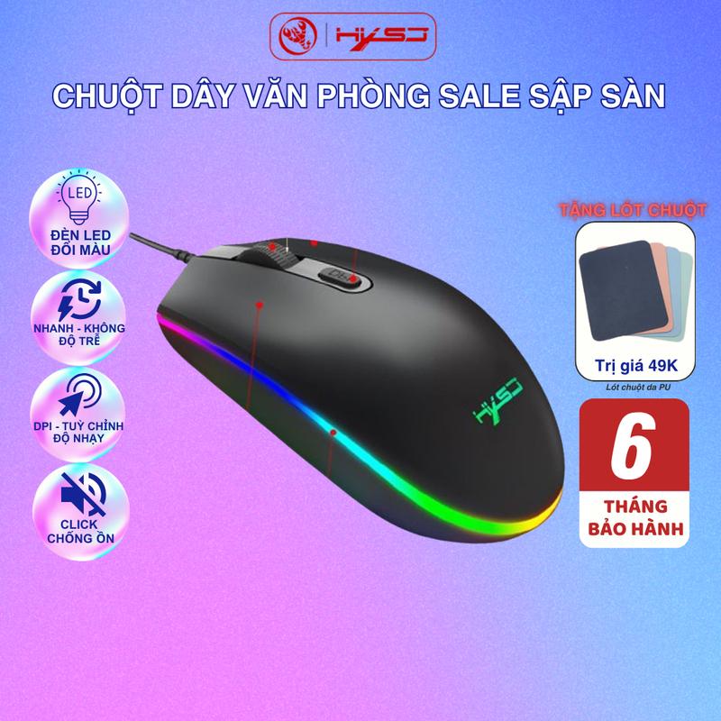 Chuột dây HXSJ V300 chơi game, văn phòng LED RGB có thể điều chỉnh 1600dpi Điểm thiết kế vùng chọn RGB