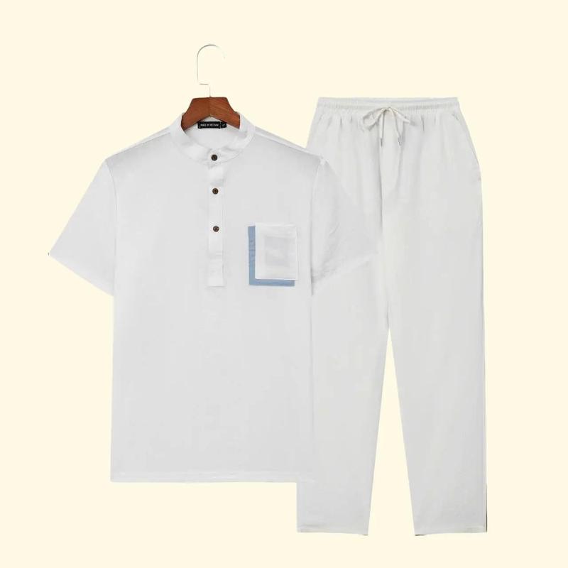  Bộ Đũi Nam Cổ Tàu Chất Liệu Vải Đũi Mềm Mát Tay Ngắn Quần Dài Phong Cách Thời Trang Hàn Quốc Cotton Áo Sơ Mi Menswear Shirt Jacket Pants 