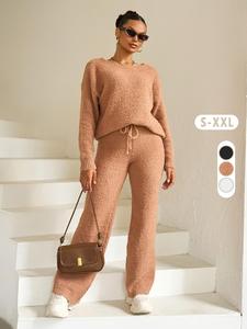 Two-Piece Set Women's Plain Drop Shoulder Knit Top & Tie Front Knitting Pants, Casual Fashion Cozy Round Neck Long Sleeve Top & Trousers for Daily Outdoor Wear, Co-ord Sets, Women's Clothing for Fall & Winter