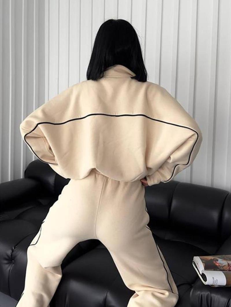 Product Introduction of Women's Striped Zip Up Jacket & Drawstring Waist Pants Two-piece Set, Casual Fashion Drop Shoulder Long Sleeve Outerwear & Trousers for Daily Wear, Women's Clothing for Fall & Winter 6