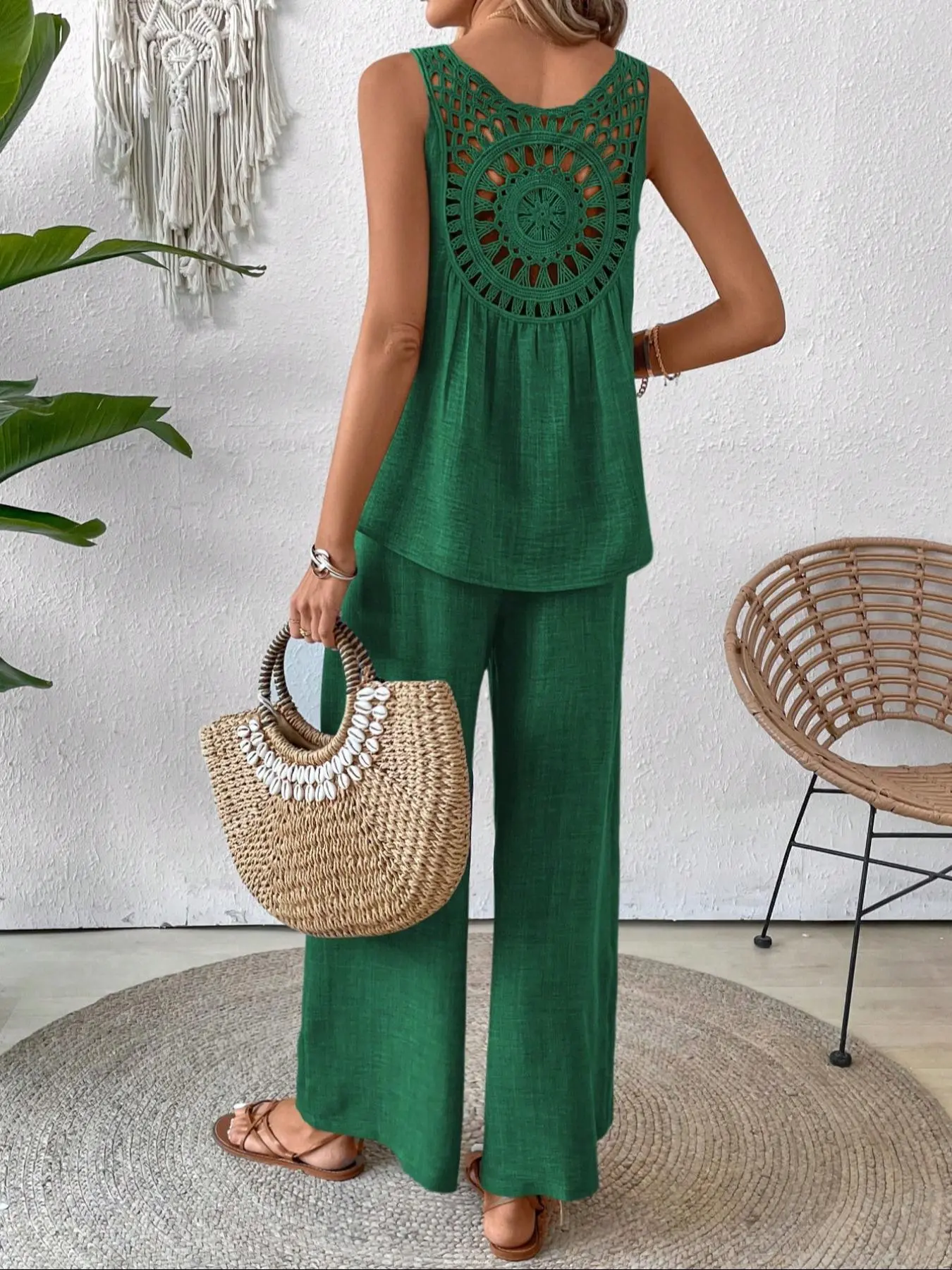 Women's Solid Tank Top & Wide Leg Pants Two-piece Set, Casual Sleeveless Top & Pants for Summer, Ladies Clothes for Daily Wear